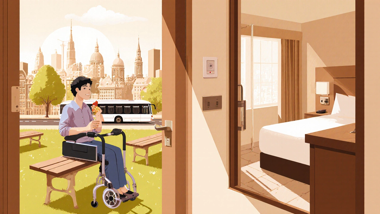 Accessible hotel room and park scene showing traveler resting and exploring.