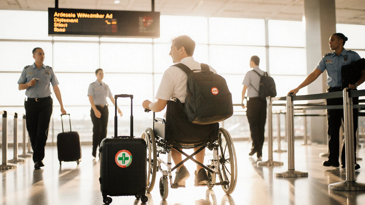 Airport assistance with wheelchair, staff, and labeled suitcase for traveler.