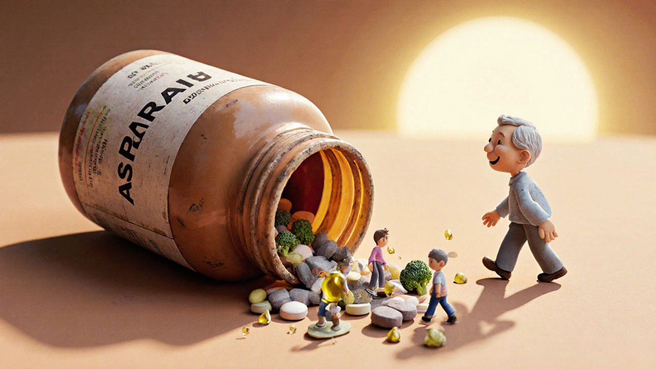 An aspirin bottle tipping over as symbols of exercise, sleep, and healthy food walk toward the light.