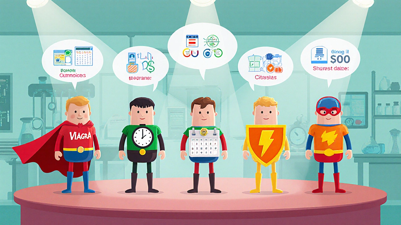 Cartoon pill characters for Viagra, Cialis, Stendra, Levitra, and Tadasiva with attribute icons.