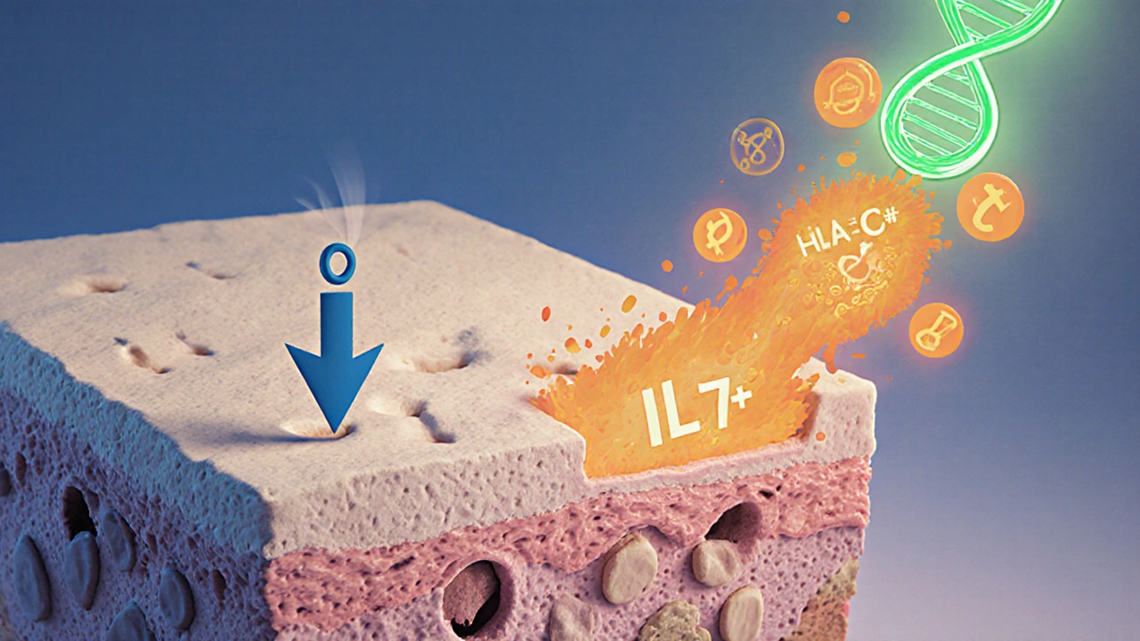 Clay cells showing reduced cAMP and increased inflammatory signals with a DNA helix.