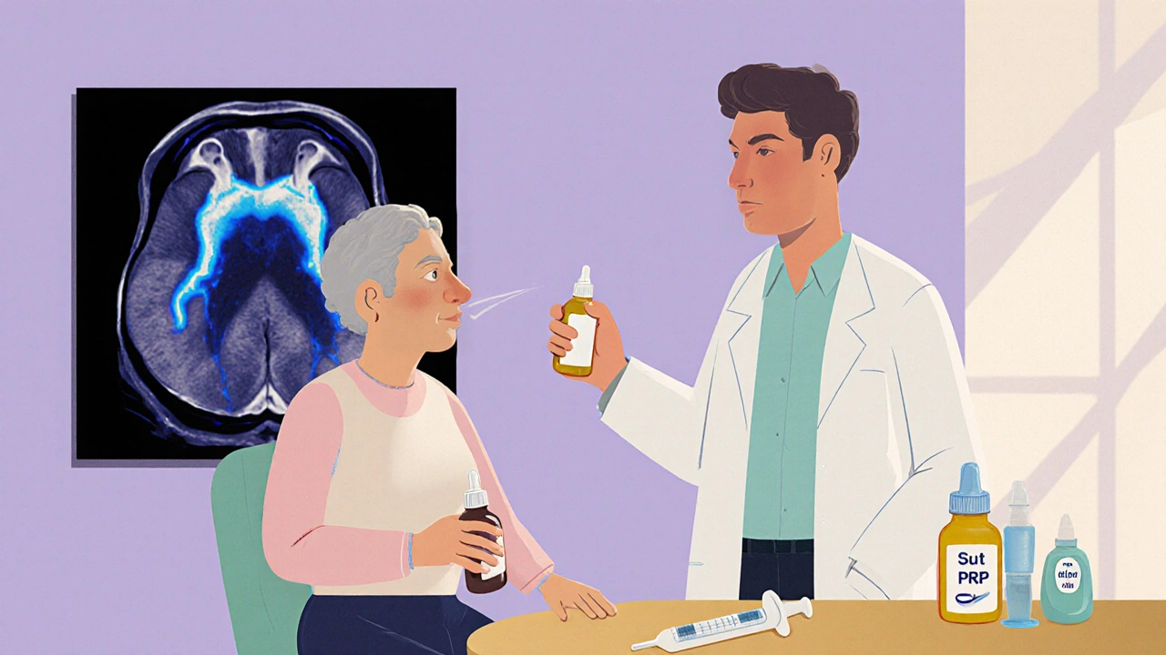 Clay clinic illustration of patient using nasal spray, doctor pointing at MRI showing preserved joint space.