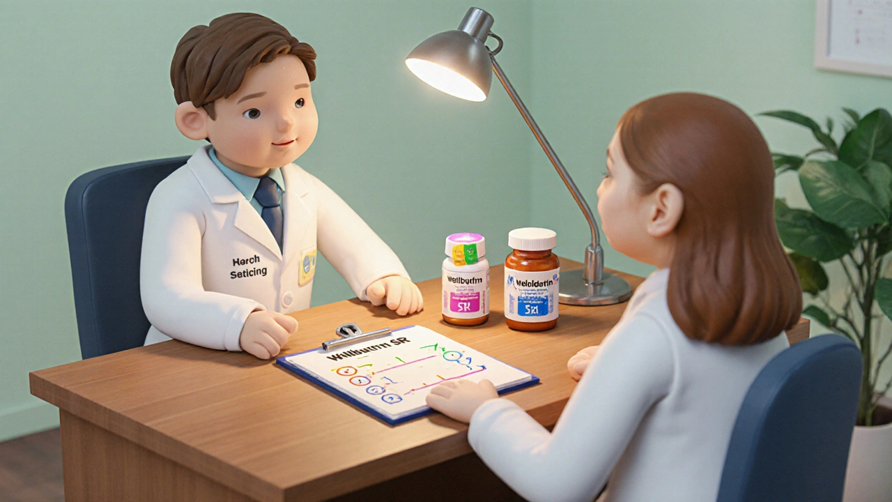 Clay doctor and patient discussing medication switches with pill bottles and a clipboard diagram on a desk.