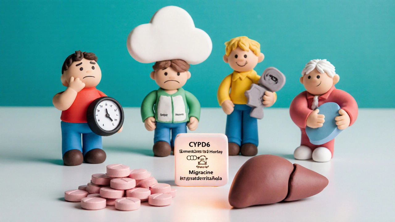 Clay figures showing hypertension, angina, heart failure, migraine with two types of Metoprolol tablets.