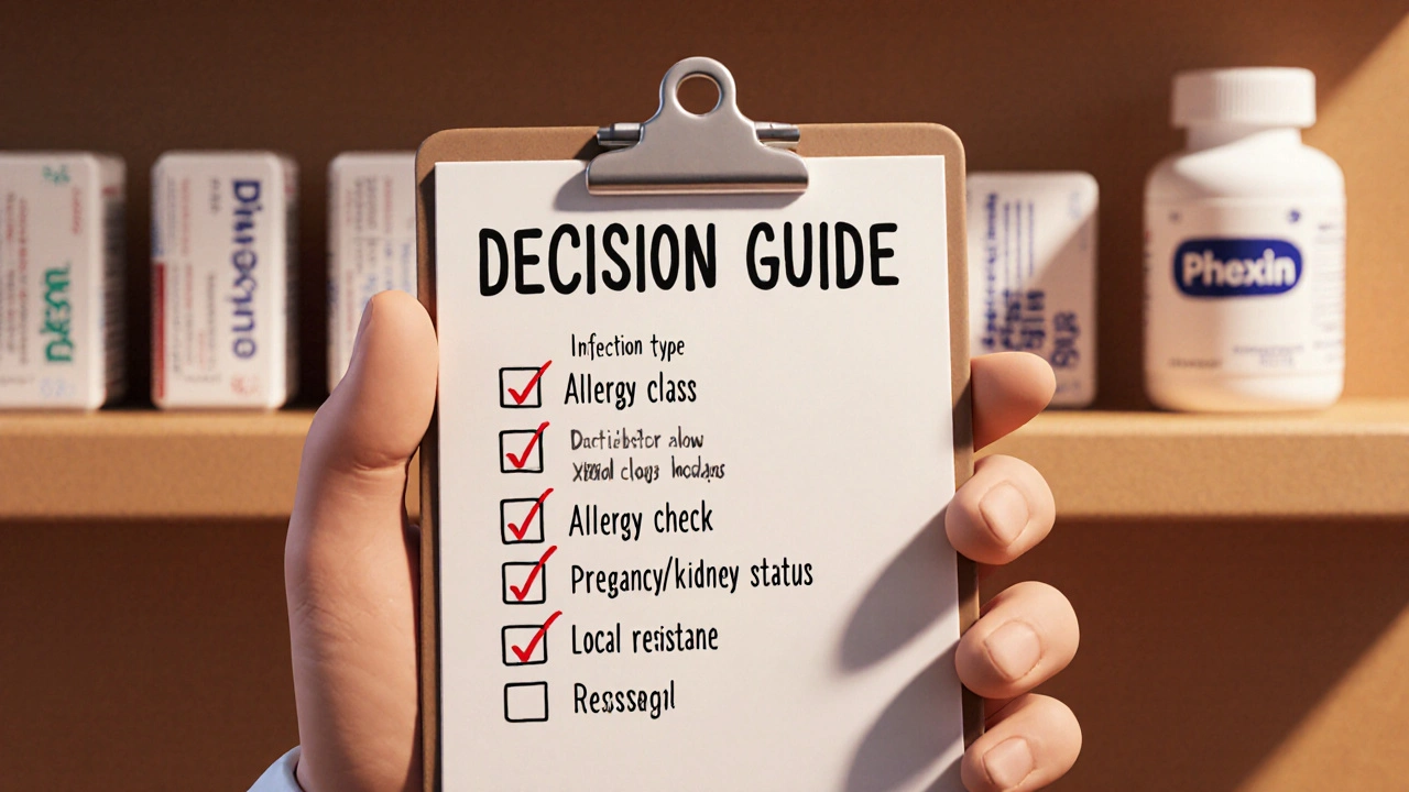 Clay hand checking an antibiotic checklist beside pharmacy shelves.