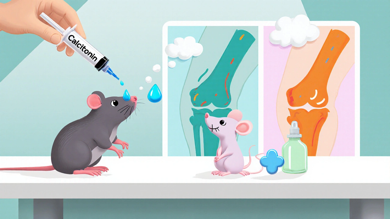 Clay lab scene with rat injection and mouse nasal spray, comparing treated and control knees.