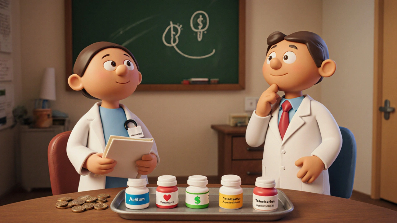 Clay patient with notebook and doctor reviewing a tray of different hypertension pills and cost symbols.