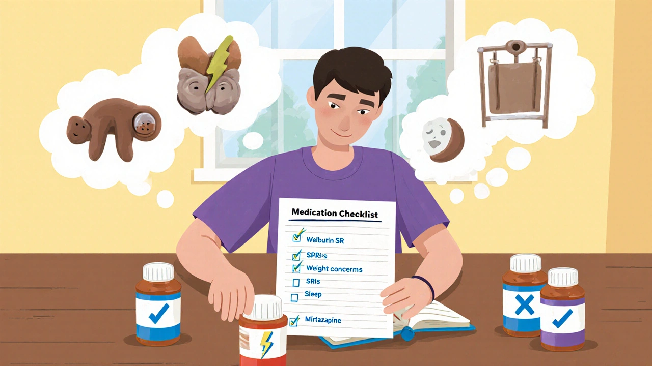 Clay person at a table with thought bubbles showing fatigue, anxiety, weight, and sleep symptoms beside a medication checklist.