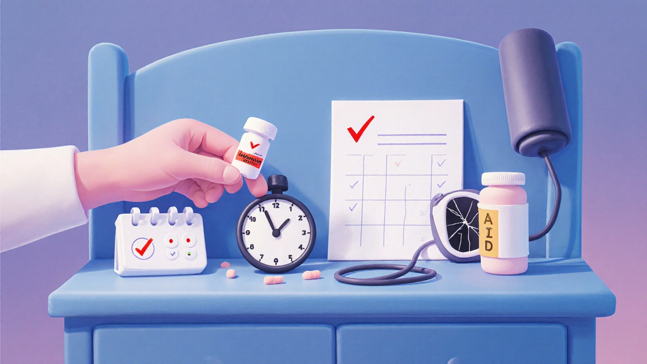 Clay person taking Metoprolol, checking blood pressure and heart rate on a nightstand.