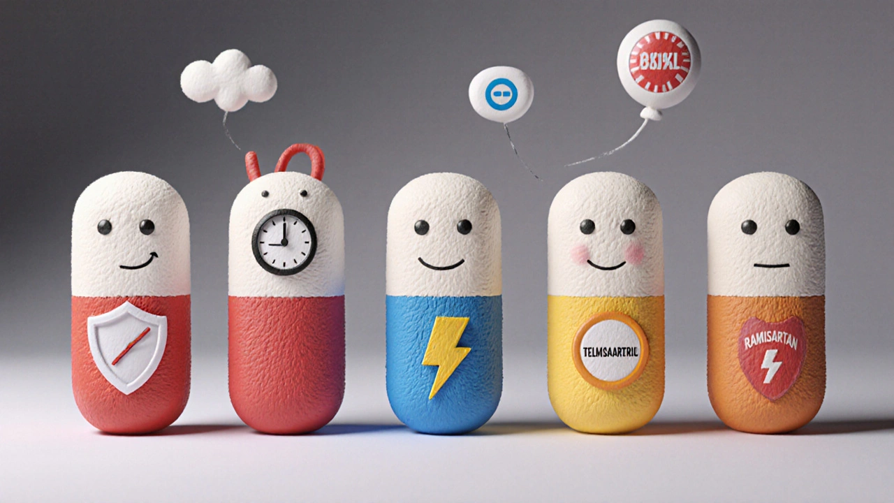 Clay pill characters for Perindopril, Lisinopril, Enalapril, Ramipril, and Telmisartan with icons showing their key traits.