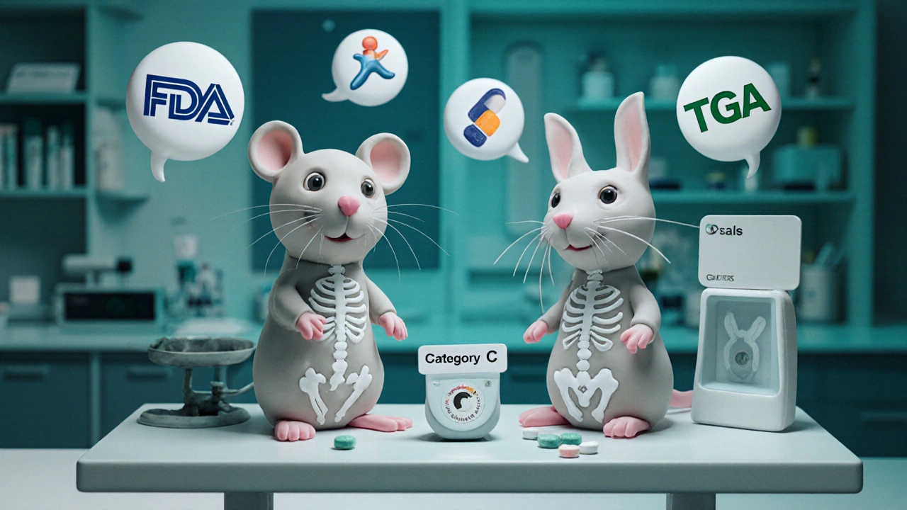 Clay rat and rabbit with skeletal outlines beside roflumilast tablet and regulatory icons.