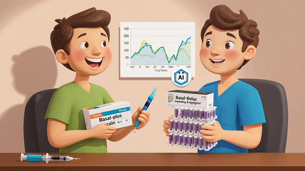Clay-style medical office with basal-plus insulin kit versus multiple syringes, AI icon floating above