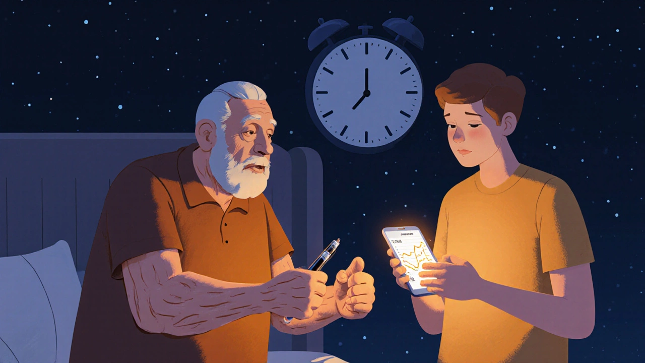 Clay-style scene of someone with arthritis using insulin while a CGM app glows nearby at night