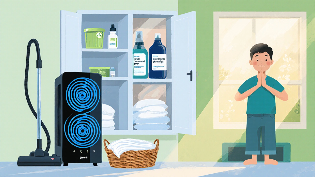 Clean home interior with air purifier, medication cabinet, and person doing breathing exercises.