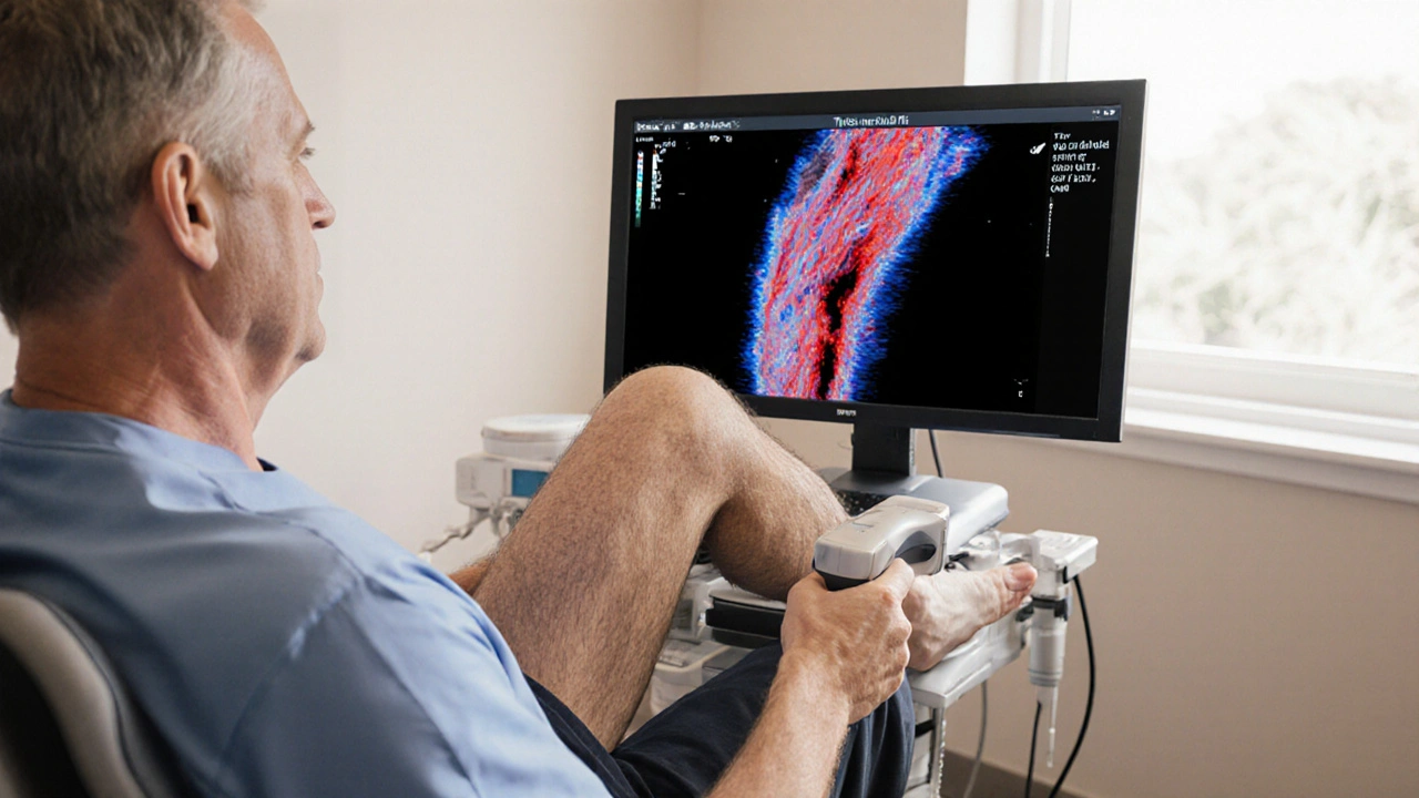 Clinic scene with ultrasound monitor displaying a clot in a leg artery.