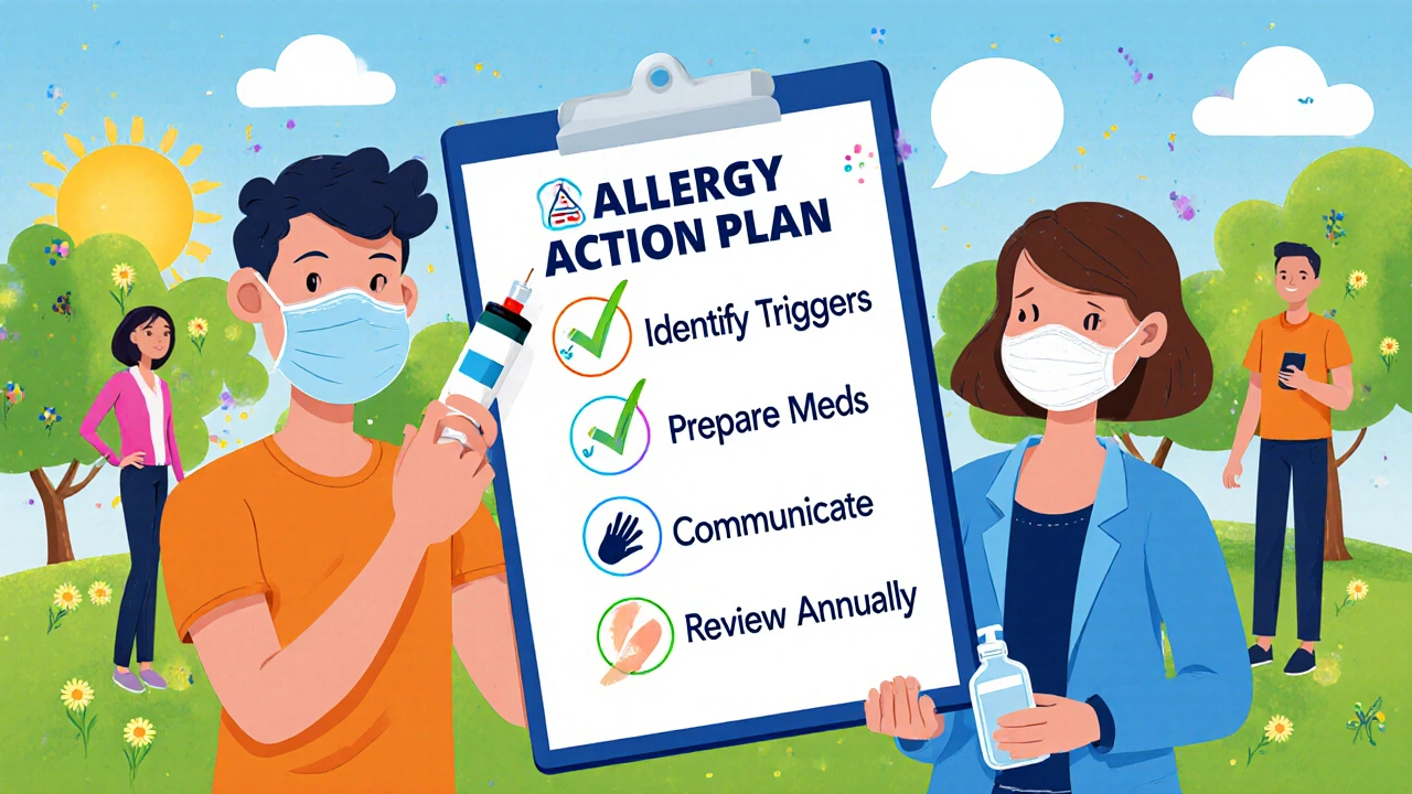 Clipboard checklist with allergy action plan, person holding auto‑injector, supportive friends nearby.