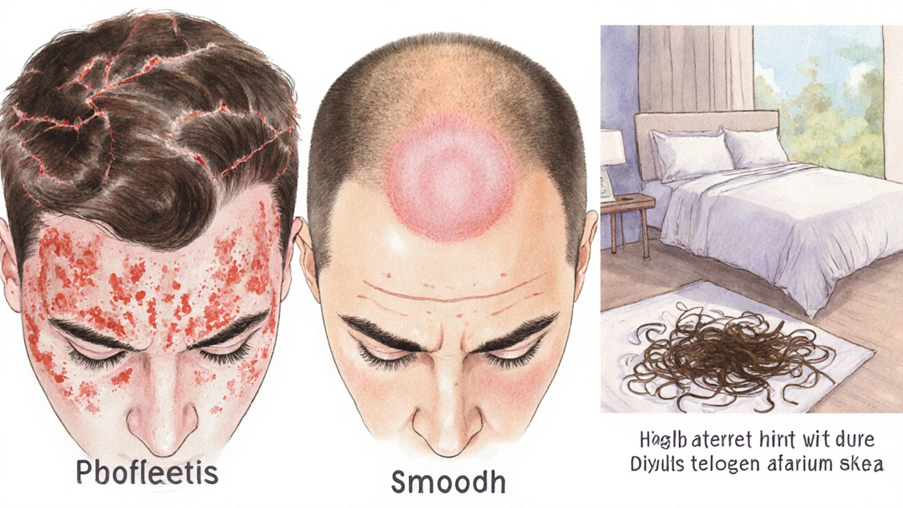 Collage of psoriasis‑related hair loss: plaque shedding, round bald patch, pillow with hair.