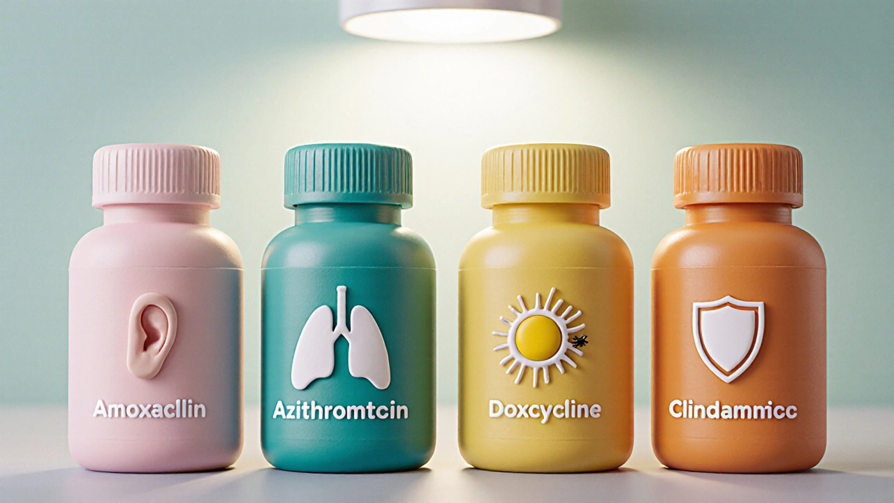 Colorful clay pill bottles for amoxicillin, azithromycin, doxycycline, and clindamycin with icons.
