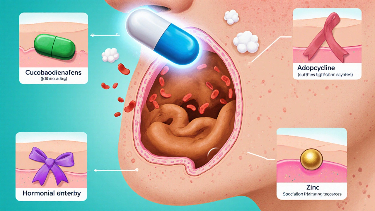 Cross‑section of skin showing isotretinoin shrinking a sebaceous gland and reducing bacteria, with alternative treatment icons.