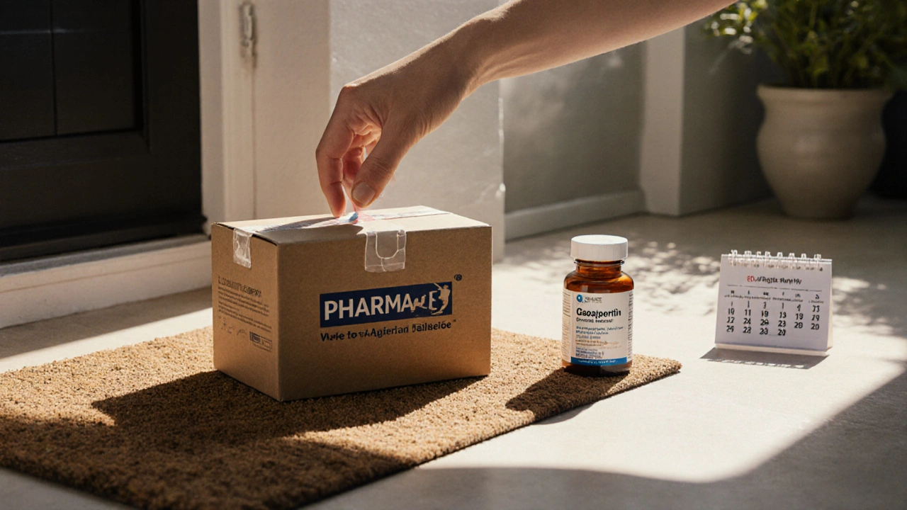 Delivered box opened to reveal sealed gabapentin bottle on kitchen counter.