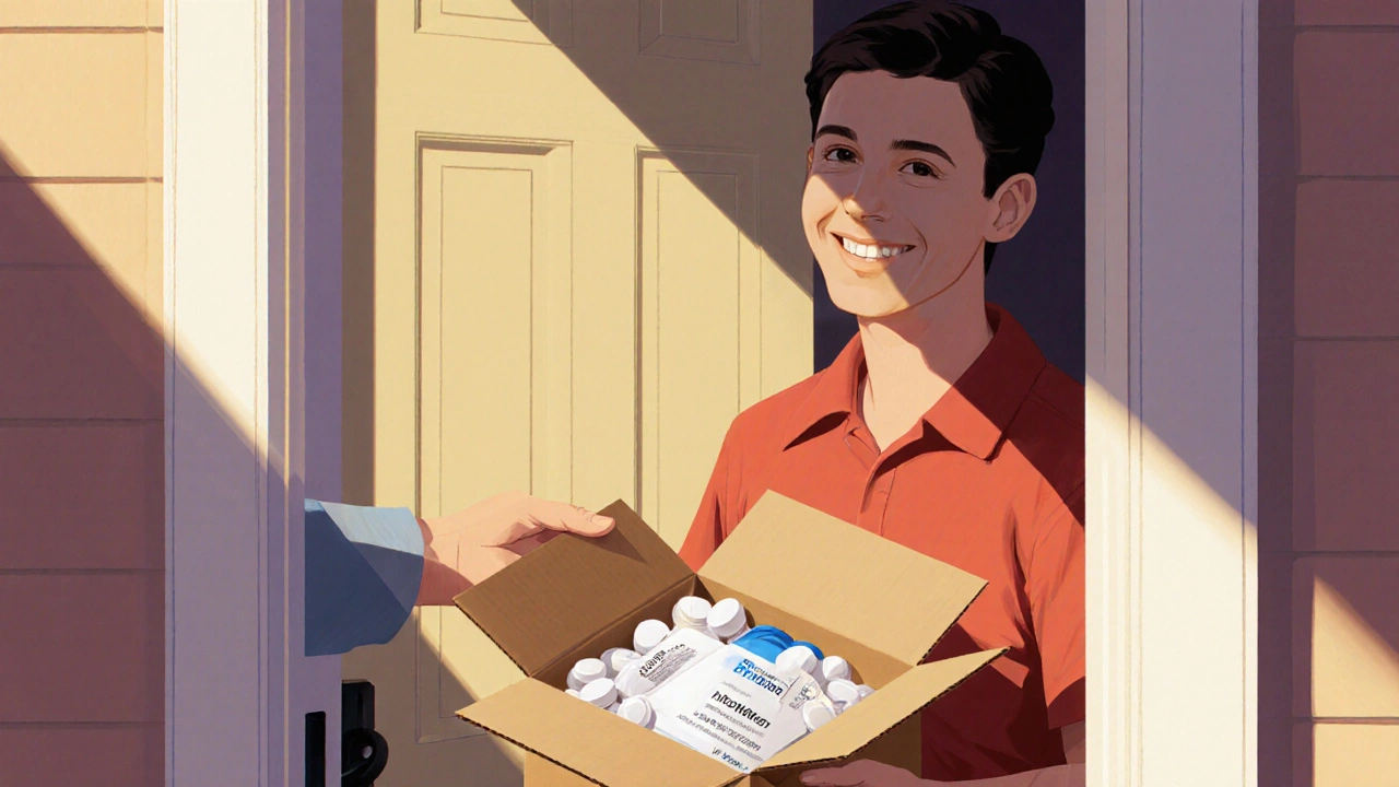 Delivery box being received, showing a bottle of generic fluoxetine tablets inside.