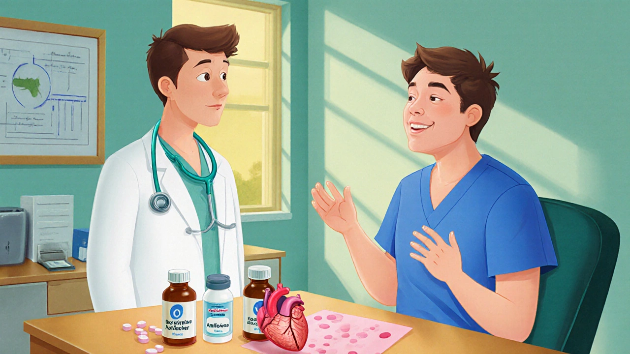 Dermatologist and cardiologist advising a patient switching from beta‑blocker to safer meds.