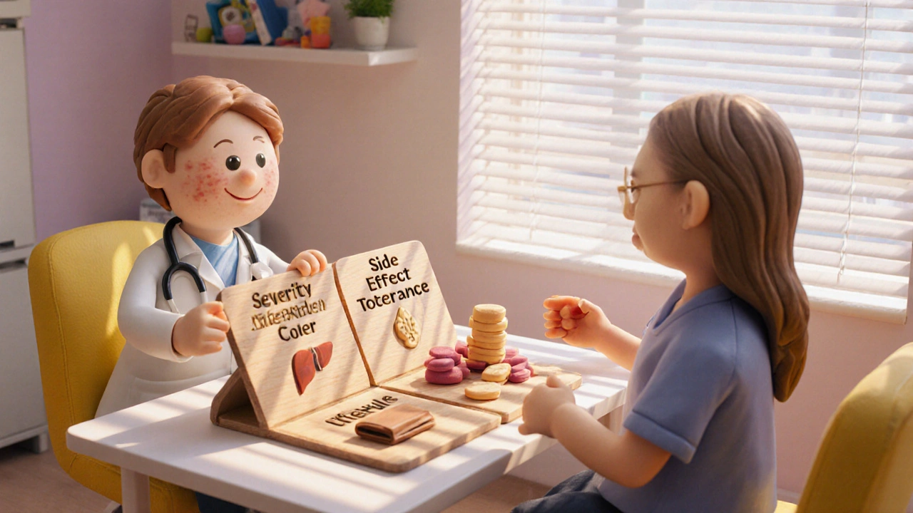 Dermatologist and patient discussing acne options at a wooden decision board with icons for severity, side effects, and lifestyle.