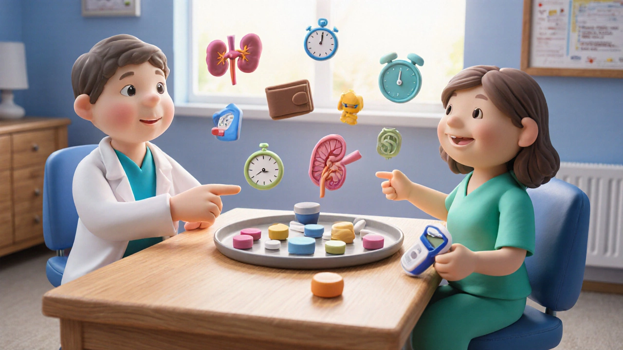 Doctor and patient reviewing a tray of diabetes tablets with kidney, weight, cost, and clock symbols.