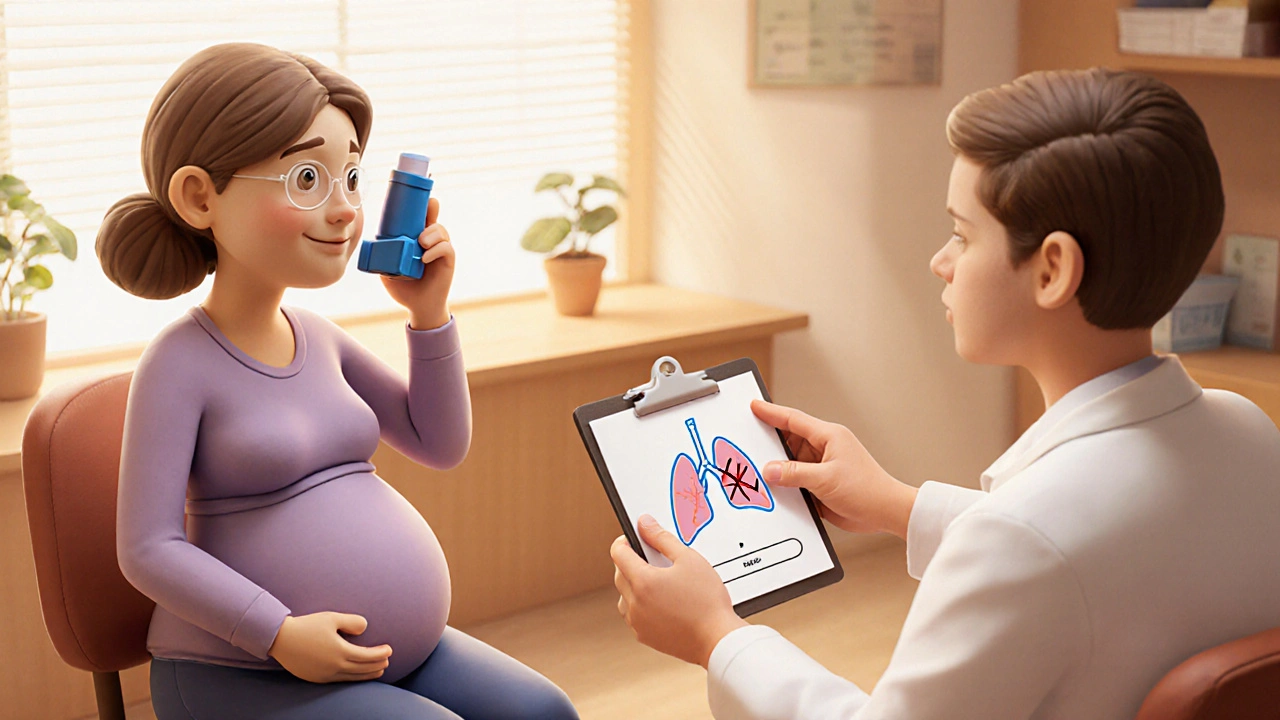 Doctor discussing inhaled corticosteroid with pregnant patient, roflumilast crossed out.