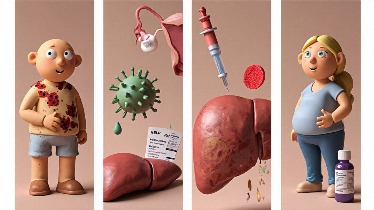 Four clay scenes showing HELLP, fatty liver, viral hepatitis, and drug‑induced liver injury.