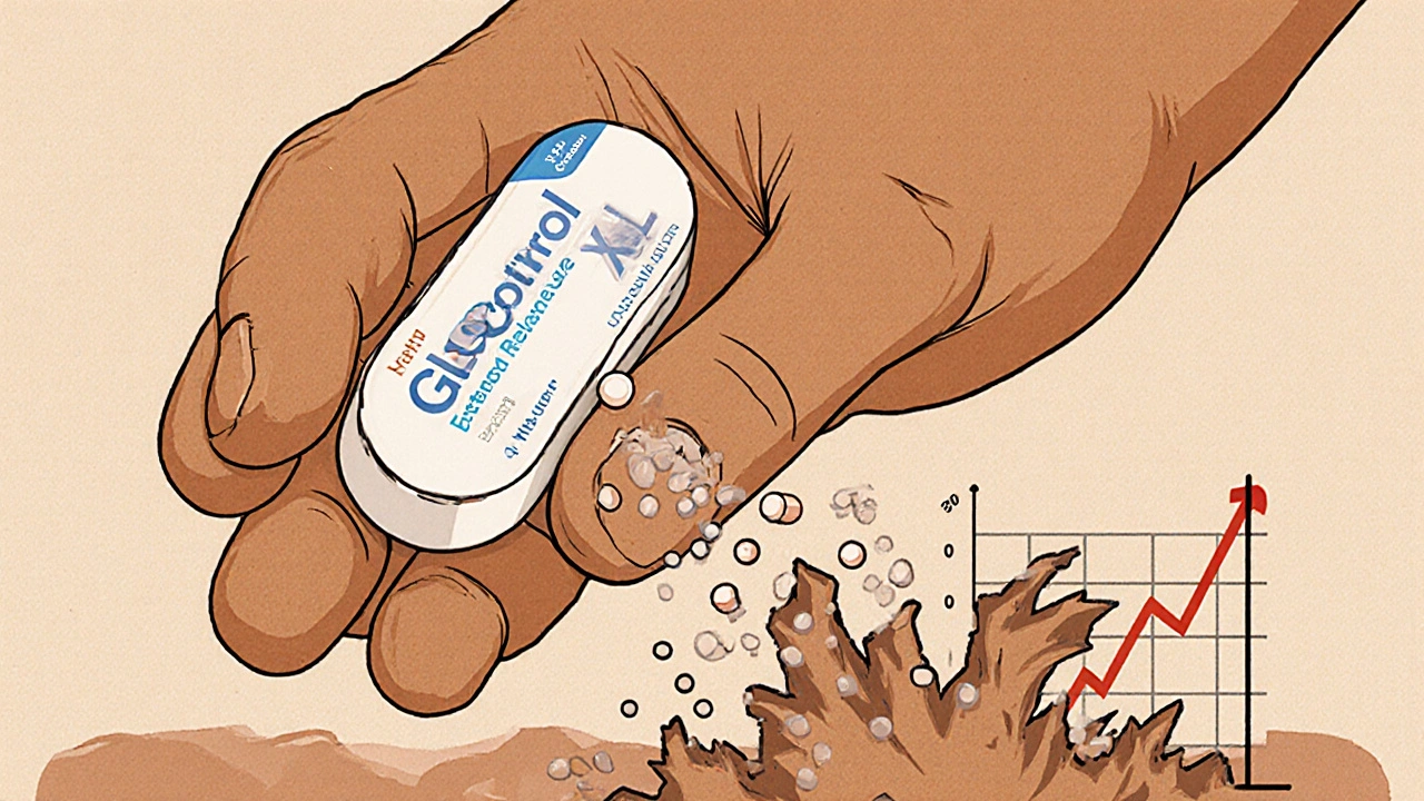 Glucotrol XL pill releasing steady insulin into pancreas, compared to chaotic glyburide spikes, clay style.