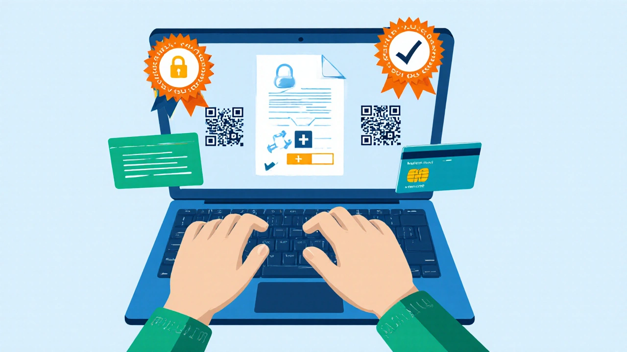 Hands uploading a prescription on a laptop with secure‑checkout icons and accreditation symbols.