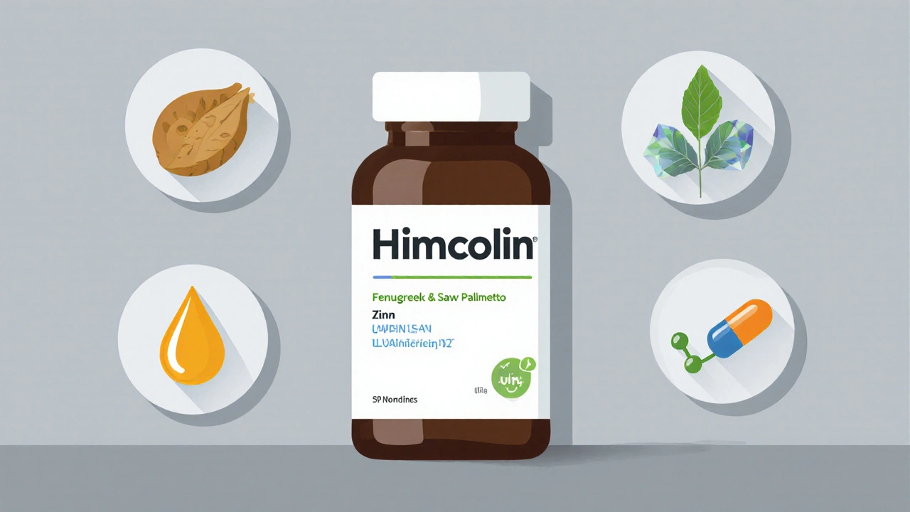 Himcolin bottle surrounded by icons of its six key ingredients.