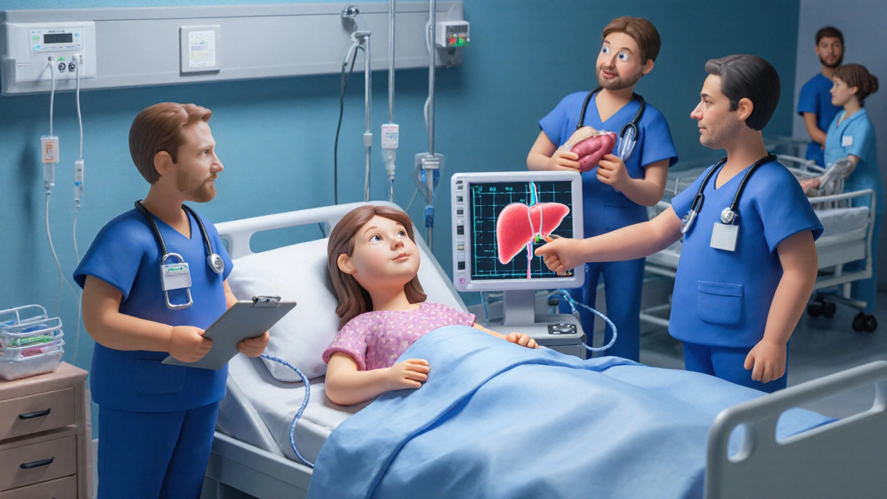 ICU team caring for a pregnant patient with a clay liver model and neonatal incubator.