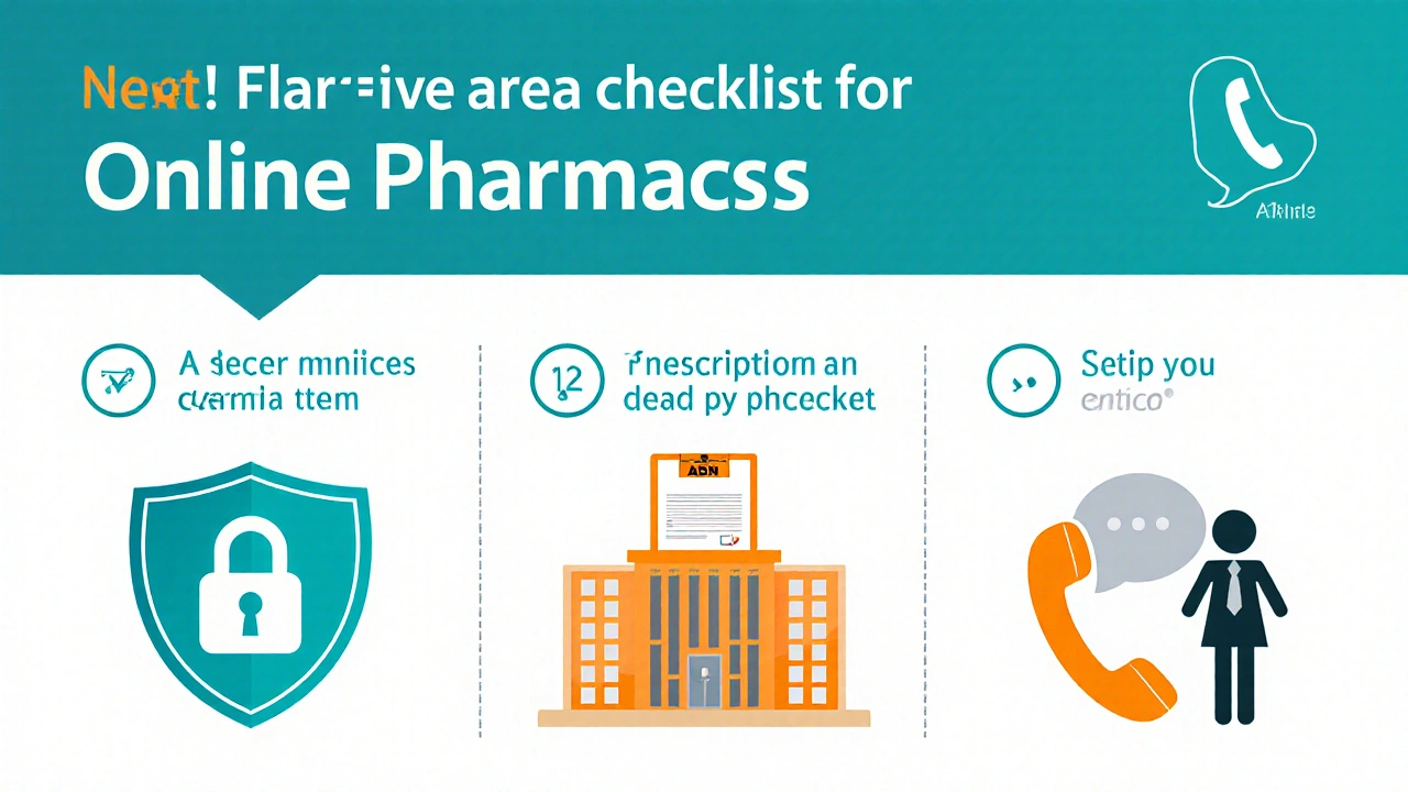 Illustrated checklist icons for verifying a legitimate online pharmacy.