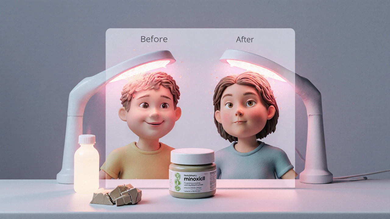 Man and woman using laser cap with glowing hair follicles, minoxidil bottle nearby, herbal cream forgotten.