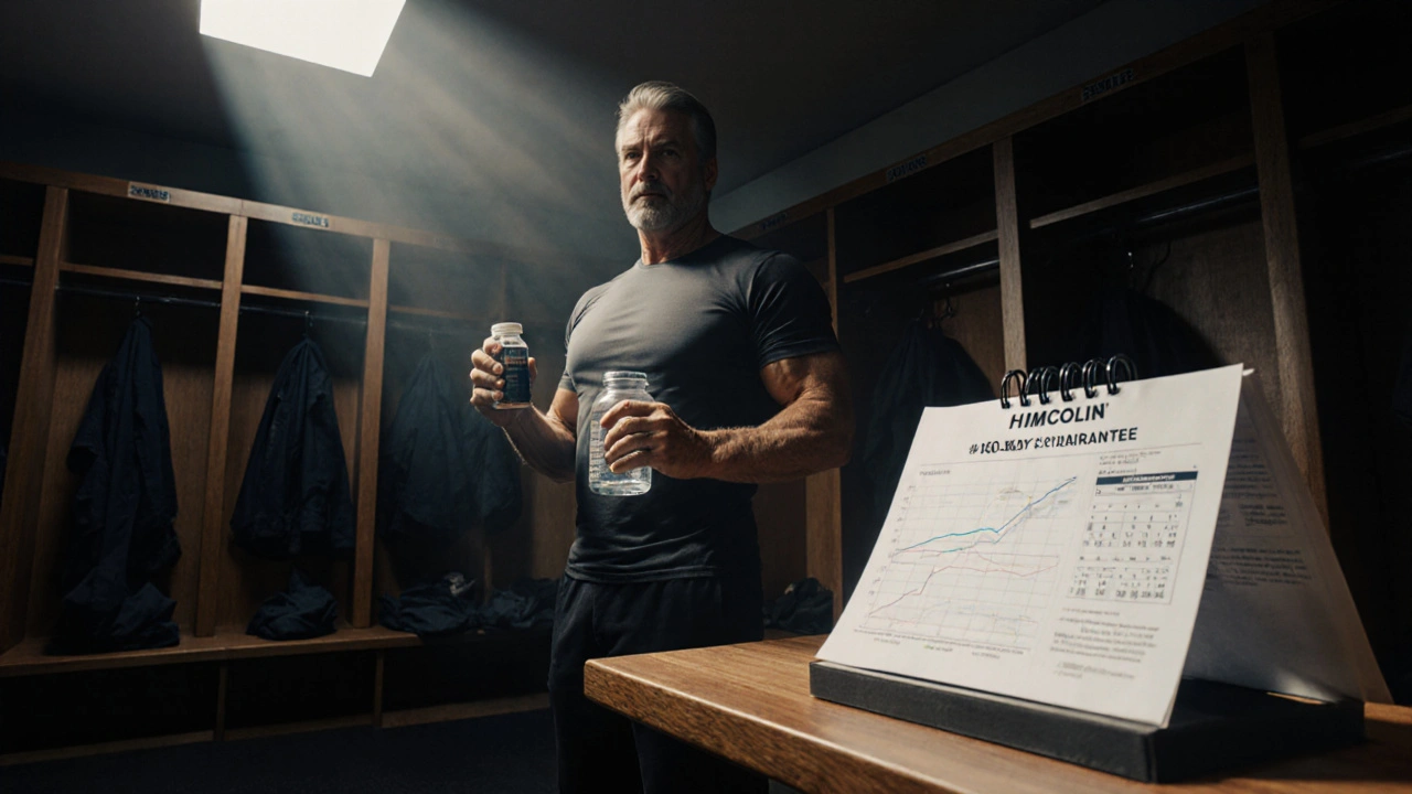Man in locker room holding supplement bottle beside lab report and calendar.