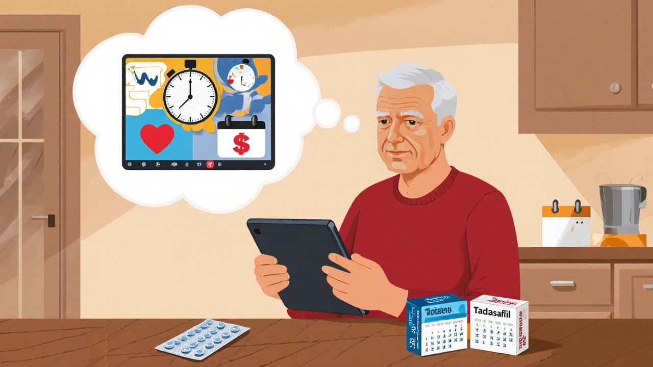 Man reviewing telehealth call, thinking about onset, cost, health, and dosage options.