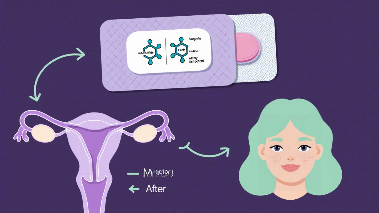 Medical illustration of Mircette tablet, hormone molecules, and uterus diagram showing action.