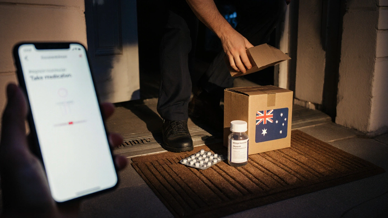 Opened medication box with pill bottle, placed in kitchen cabinet, phone alarm set.