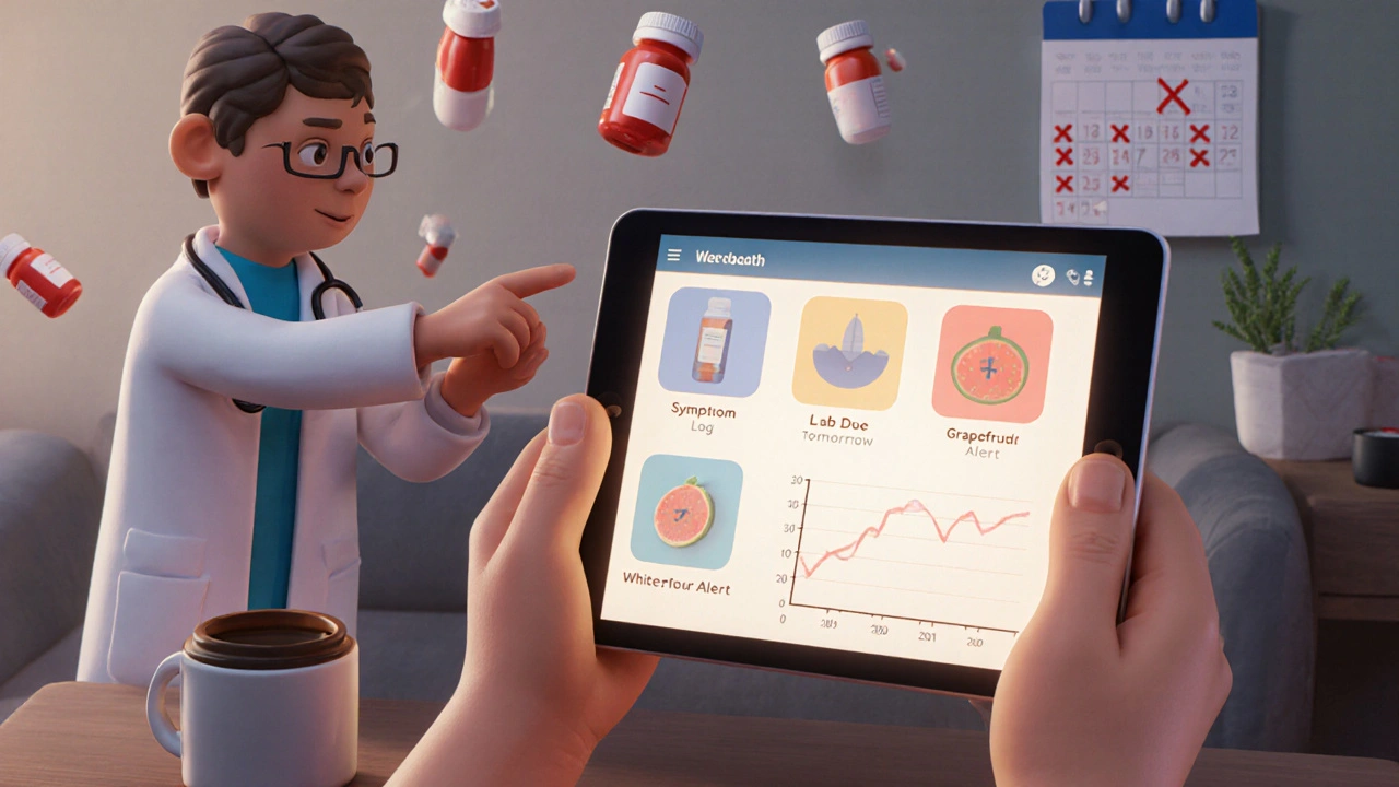 Patient using a digital health app to track medication side effects and lab dates.