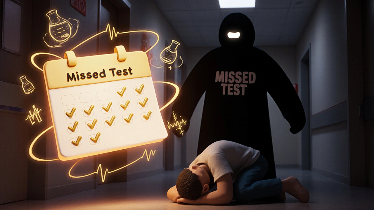 Person collapsing as a shadowy 'Missed Test' figure looms, with a glowing safety calendar above.