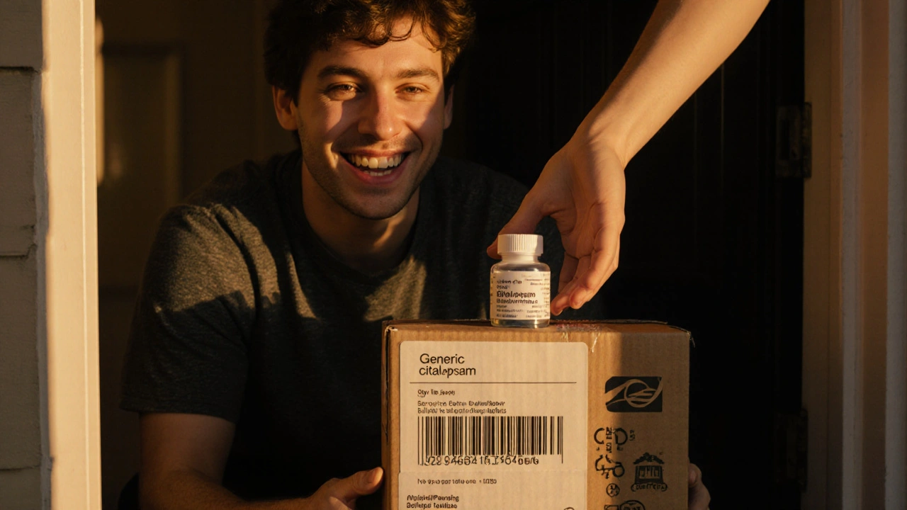 Person receiving a delivery package containing a bottle of generic citalopram tablets at sunset.