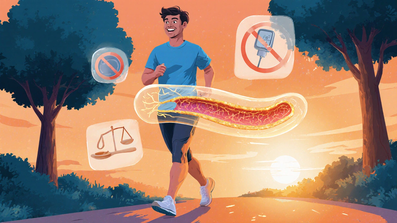 Person walking with glowing healthy artery overlay and wellness icons.