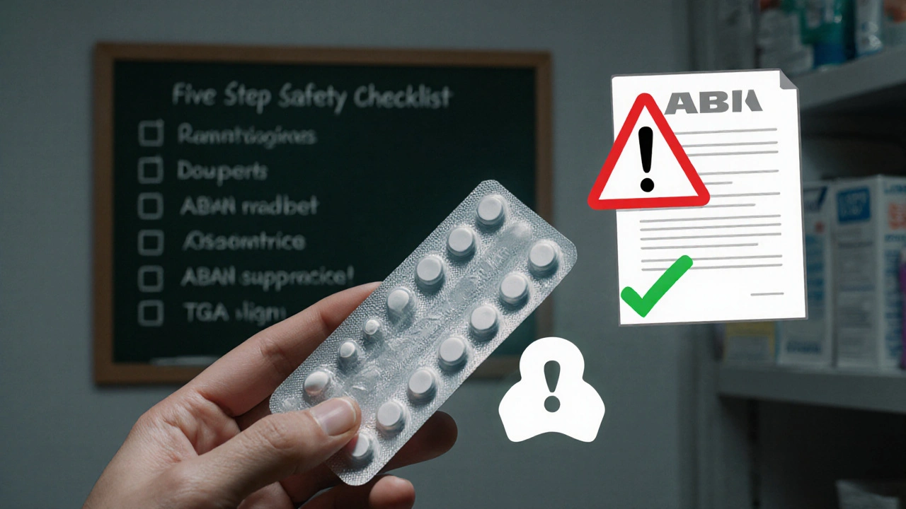 Pharmacist holding lamotrigine blister pack with safety checkmarks and warning icons.