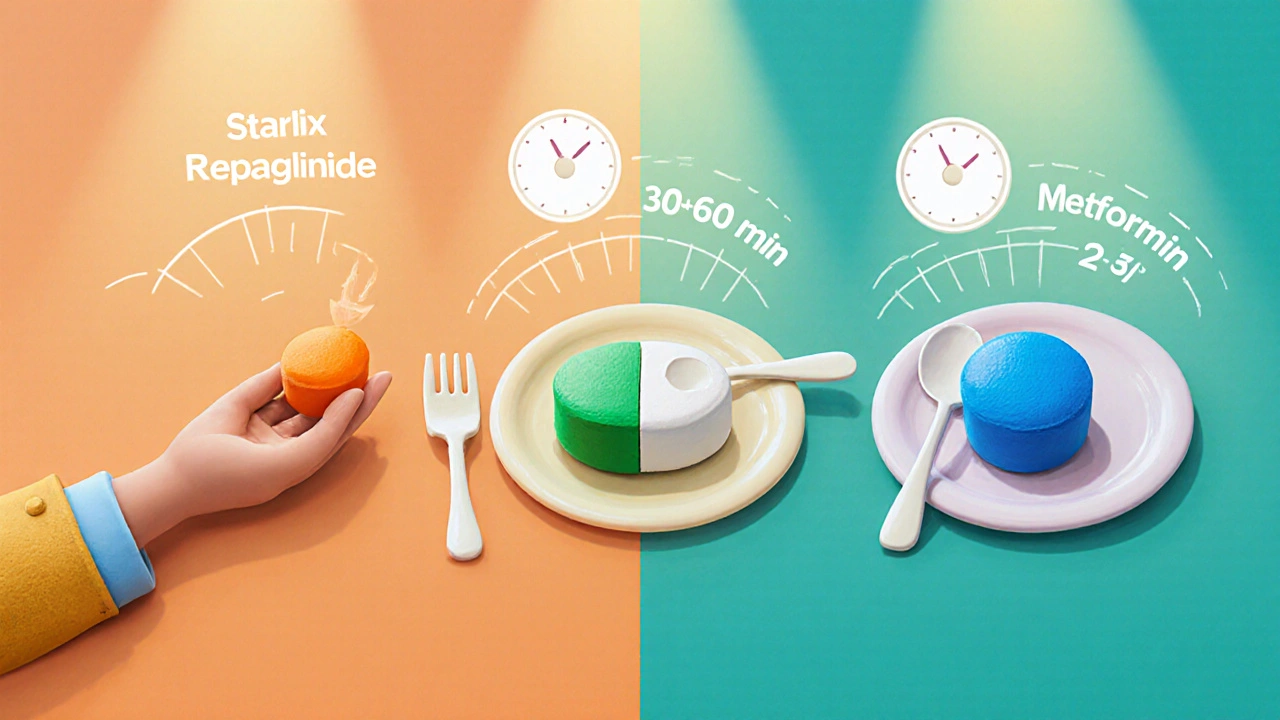 Side‑by‑side clay pills of Starlix, Repaglinide, and Metformin with food and timing icons.