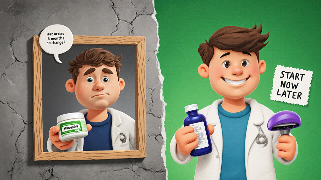 Split scene: frustrated person with herbal cream vs. hopeful person with minoxidil and laser therapy.