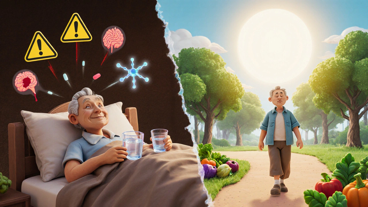 Split scene showing aspirin risks on one side and healthy aging habits on the other.