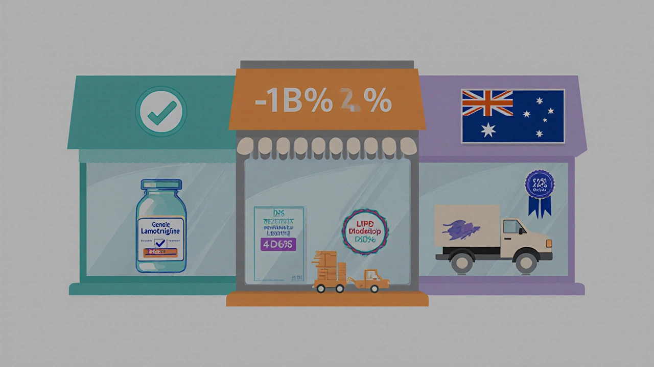 Three online pharmacy storefronts showing lamotrigine price, PBS badge, and shipping icons.