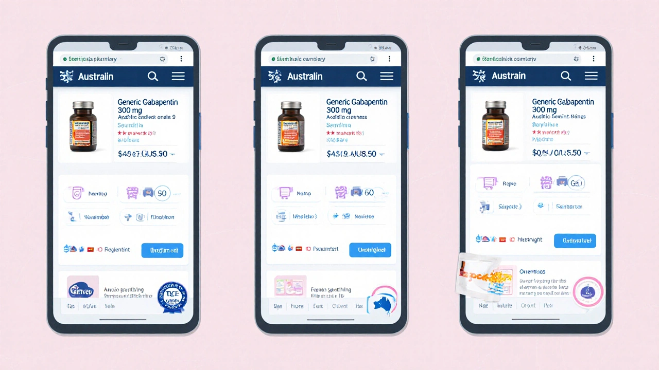 Three phone screens showing pharmacy price listings for generic gabapentin.